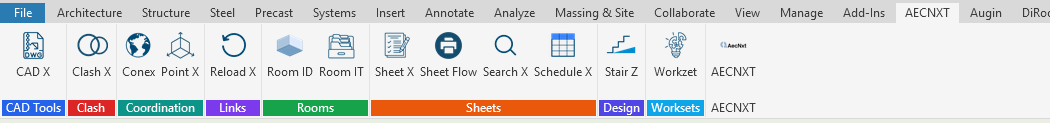 AecNxt Revit ribbon showing free plugins for CAD Tools, Clash, Coordination, Links, Rooms, and Sheets