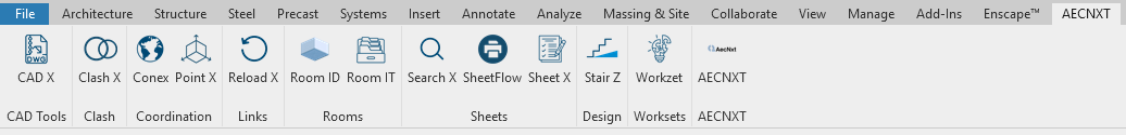 AecNxt add-in ribbon inside Autodesk Revit showing CAD Tools, Clash, Coordination, Links, Rooms, Sheets, Design, and Worksets